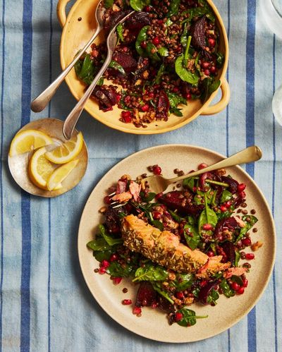 Rukmini Iyer’s quick and easy baked trout with beetroot, lentil and pomegranate – recipe