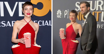 “Popcorn Butt Lift”: Emma Stone’s Quirky Dress On SNL Red Carpet Has The Internet In Stitches