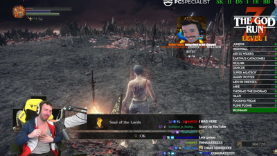 Streamer achieves git gud godhood by beating all mainline Souls games at level 1, back to back, without getting hit—then explodes into tears of relief