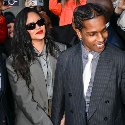 Rihanna and A$AP Rocky Co-Sign the Pinstripe Trend in Matching Gray Power Suits