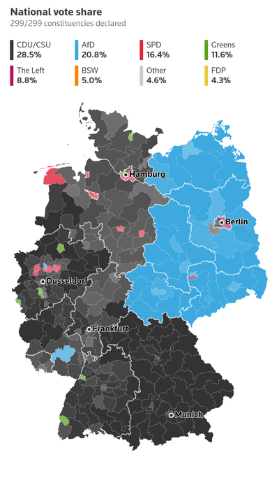 Germany's election map highlights stark east-west divide across the country