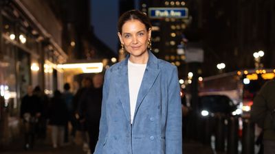Katie Holmes' elegant blue suede blazer is the timeless statement piece we'd never have thought of