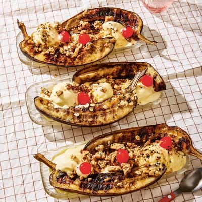 Barbecue banana split with miso-sesame crunch recipe by Helen Graves