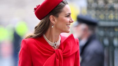 Kate Middleton is all pearls, bows and ravishing cherry red as she steps out for Commonwealth Day