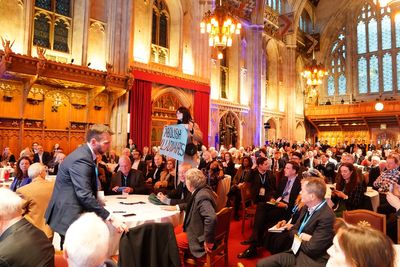 Climate protesters interrupt Kemi Badenoch’s speech at Thatcher conference