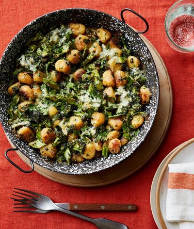 Georgina Hayden’s recipe for charred gnocchi, purple sprouting broccoli and gorgonzola