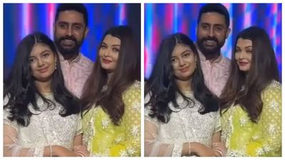Aishwarya Rai, Aaradhya, and Abhishek Bachchan pose for a happy family picture at cousin’s wedding