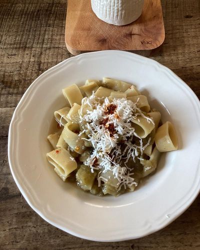 Rachel Roddy’s recipe for pasta (or gnocchi) with aubergine, chilli, lemon and salted ricotta
