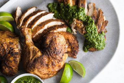 Savory green chutney brings bright, fresh flavor to a simple roasted chicken for Passover