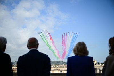 King and Queen watch Red Arrows over Rome during Italy state visit