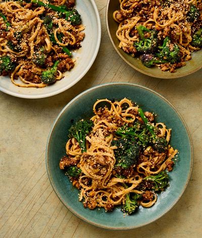 From spicy noodles to a light pie: Ravinder Bhogal’s recipes for purple sprouting broccoli