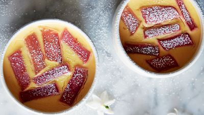 Lavender and vanilla custard pudding with rhubarb