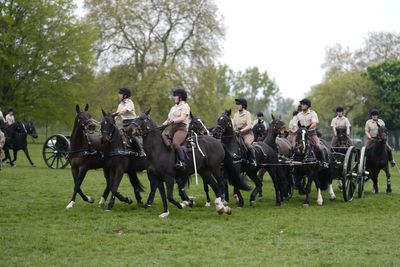 Riders from King’s Troop Royal Horse Artillery rehearse complex VE Day routine