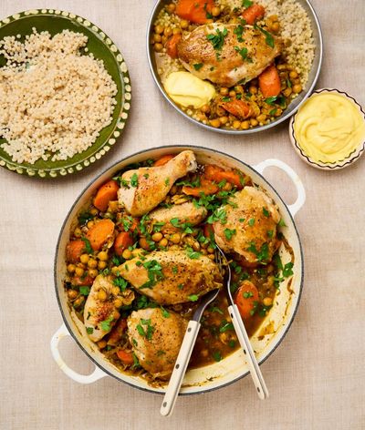 Sunday best: Thomasina Miers’ recipes for braised chicken with chickpeas and rosewater dried apricots