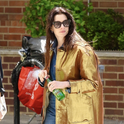 Anne Hathaway Jazzes Up a Canadian Tuxedo With Adidas Sambas and a Metallic J.Crew Barn Jacket