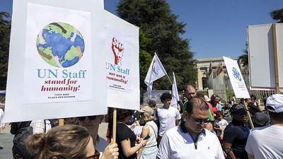 Almost 500 staff protest against UN budget cuts as US scales back humanitarian funds