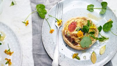 Crab, broad bean, tomato and marigold tarts
