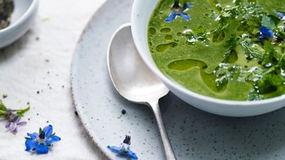 Spiced yogurt and herb soup with saffron butter