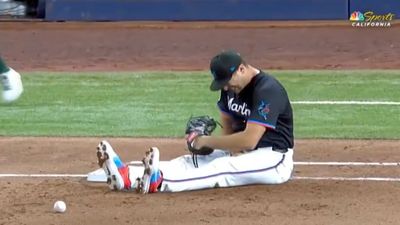 Marlins First Baseman Got Plunked In a Very Unfortunate Spot on Throw Across Diamond