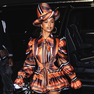 Tyla Channels 2025 Met Gala Co-Chair Pharrell Williams in a Striped Bowler Hat and Bubble Dress