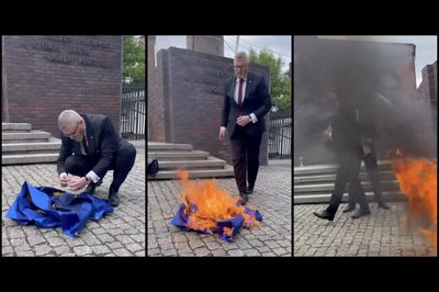 WATCH: Far-Right Politician Rips Down, Burns EU Flag After Losing Immunity Over Antisemitic Disruptions
