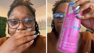 Woman drinks sugar-free Red Bull The Pink Edition for the first time. Then she looks at her lips