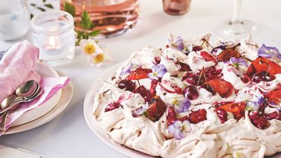 Meringue with cherry and apricot compote