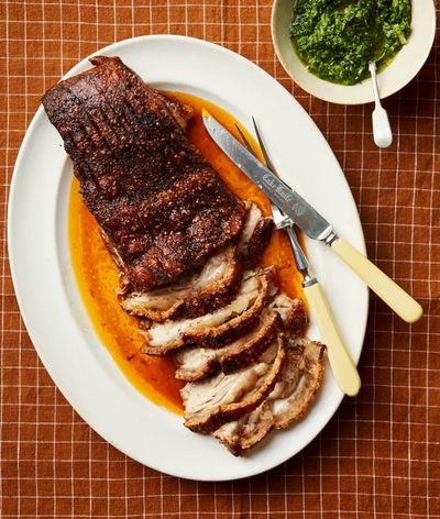José Pizarro’s recipe for slow-roast pork belly with spring onion mojo verde