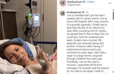 Bindi Irwin 'on road to recovery' after having appendix and 14 endometriosis lesions removed