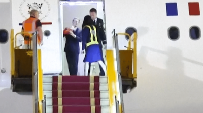 Emmanuel Macron shoved in face by wife Brigitte before getting off presidential plane - watch the video