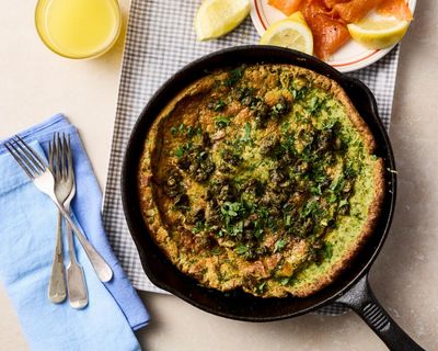 Georgina Hayden’s recipe for spinach, trout and caper dutch baby