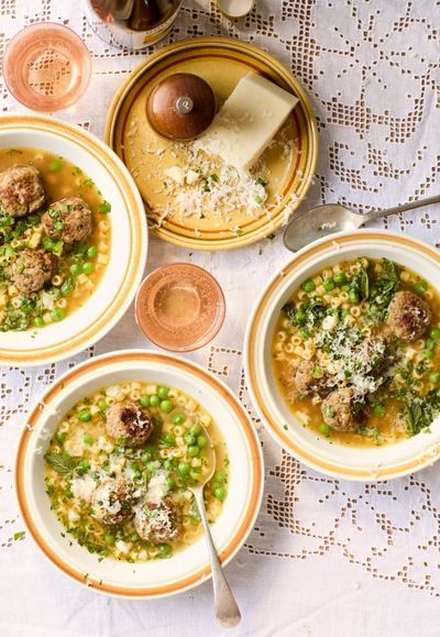 Georgina Hayden’s recipe for spring meatballs with pasta and peas
