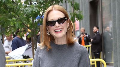 I wasn't sold on the satin skirt trend – then I saw Julianne Moore in a chocolate maxi, grey knit, and woven flats in New York