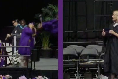 Watch: Celebrating student accidentally kicks girl in the face doing backflip at graduation ceremony