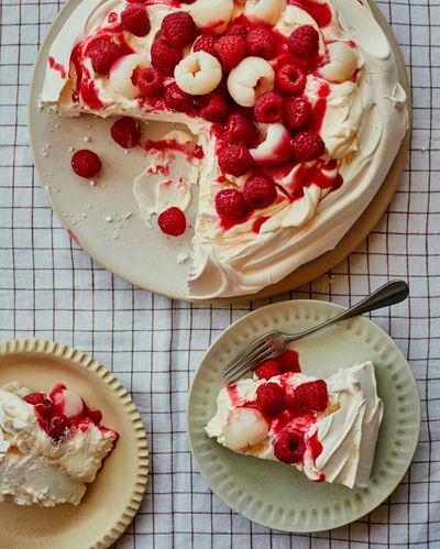 Helen Goh’s recipe for pavlova with raspberries, lychees and elderflower cream