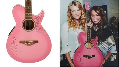 A pink Daisy Rock acoustic guitar, signed by Taylor Swift and Miley Cyrus, has just smashed its estimate as it sells for over $100,000 at auction