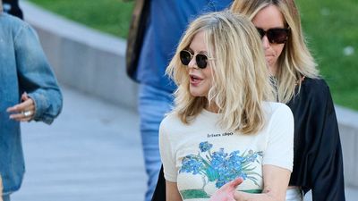 Meg Ryan's chunky boots and printed T-shirt feel like the fresh way to wear tailoring in 2025