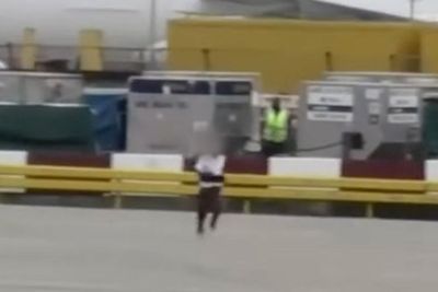 Moment man chased across Heathrow Airport tarmac as he runs around moving planes