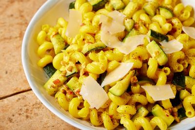 Saffron brings a golden hue to this fresh combination of zucchini and pasta