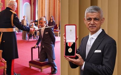 London mayor Sadiq Khan is knighted by King Charles in ceremony at Buckingham Palace