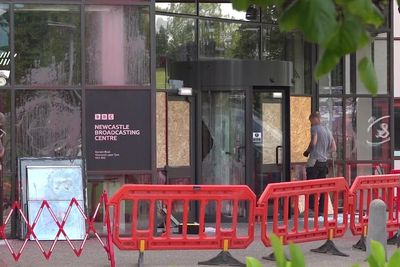Vandals with hammers smash windows at BBC headquarters in Newcastle and daub ‘Free Gaza’ graffiti