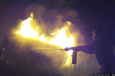 Good Samaritans and cops leap into action in dramatic rescue of woman from burning car in New York state