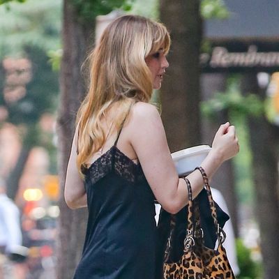 Jennifer Lawrence Teaches Pajama Dressing 101 in a Lacy Nightgown, Slippers, and Prada Bag