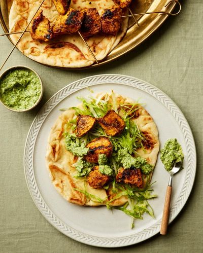 Rukmini Iyer’s quick and easy recipe for tandoori chicken skewers with coriander chutney