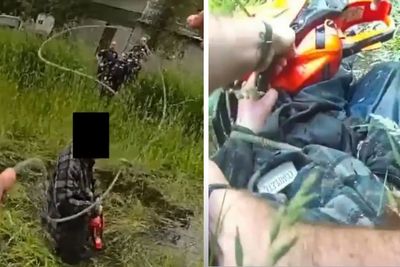 Police lasso chainsaw-wielding man and drag him from pond ‘after he chased father around yard’