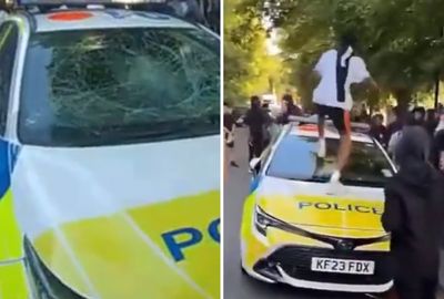 Shocking moment teenage vandal breaks windscreen of police car in London