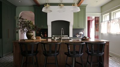Before and after: this once dated dark pine kitchen has been transformed into a characterful, cozy space that embraces the lack of natural light