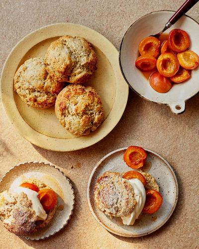 Helen Goh’s recipe for oat shortcakes with honey-roasted apricots and almond cream