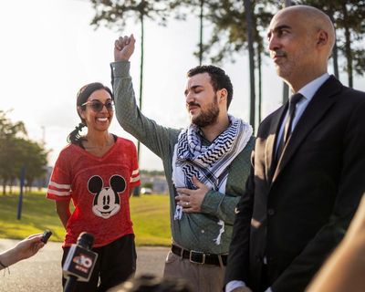 Relief and a raised fist as Mahmoud Khalil goes free – but release ‘very long overdue’