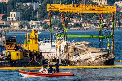 Sunken Bayesian superyacht lifted out of the water off Sicily as salvage operate completes